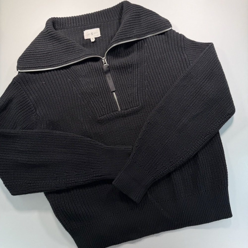 Lou & Grey Black Long Sleeve Sweater Zip Neck Collar M Classic Minimalist Cotton